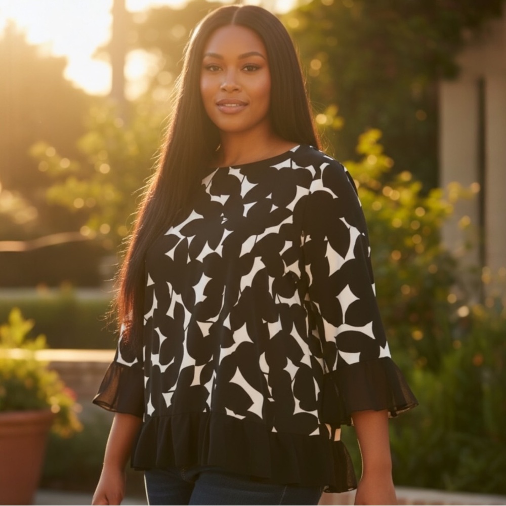 Alfani Black and White Printed Ruffle-Hem Blouse
